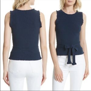 Milly Navy Ribbed Cami w/ Ruffling Hems & Waist Tie Tank Top